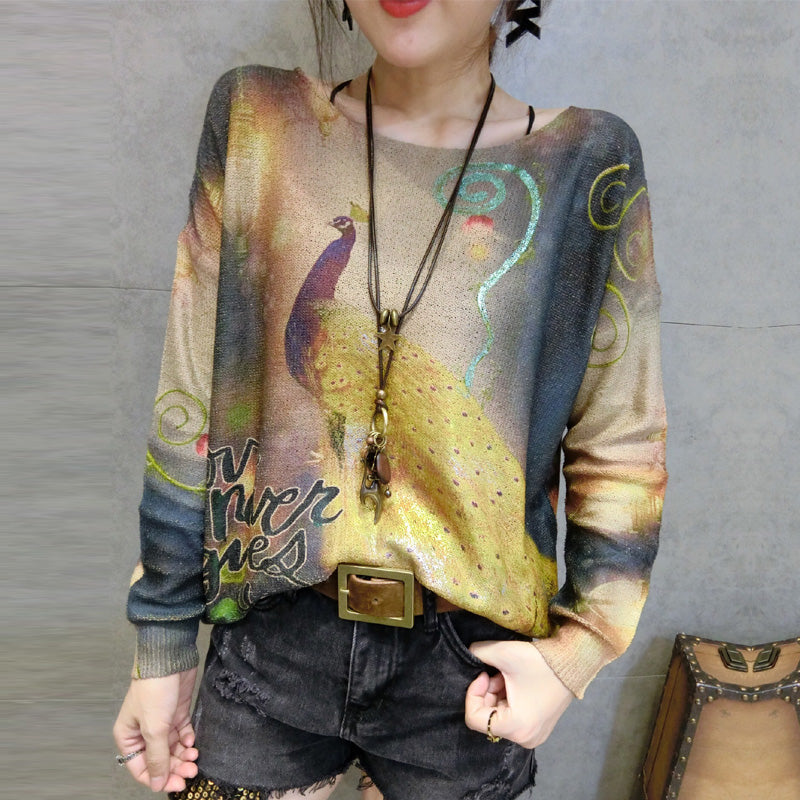 New Gold Phoenix Prints Cotton Knit Tops Long Sleeve Sweater Pullover