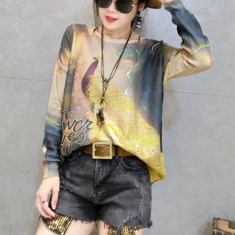 New Gold Phoenix Prints Cotton Knit Tops Long Sleeve Sweater Pullover