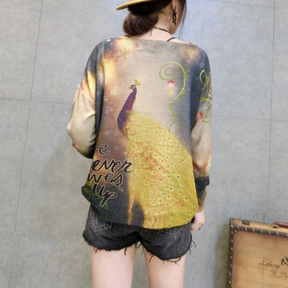 New Gold Phoenix Prints Cotton Knit Tops Long Sleeve Sweater Pullover