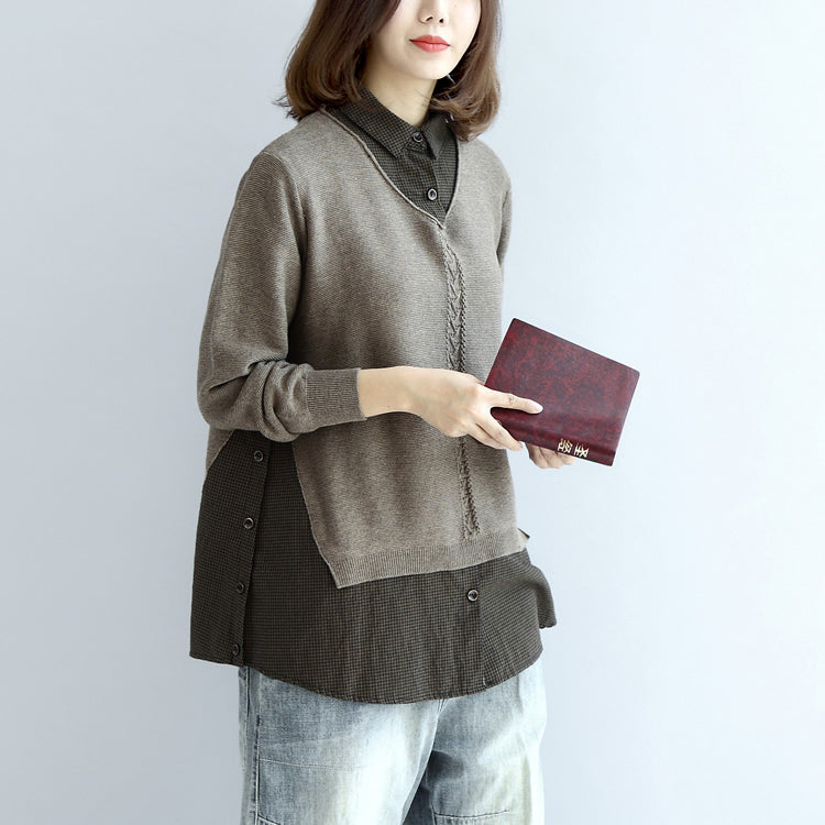 New Khaki Grid Knit Tops Fine Long Sleeve Pullover False Two Pieces