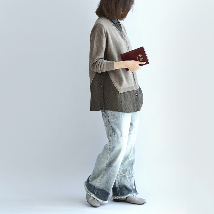 New Khaki Grid Knit Tops Fine Long Sleeve Pullover False Two Pieces