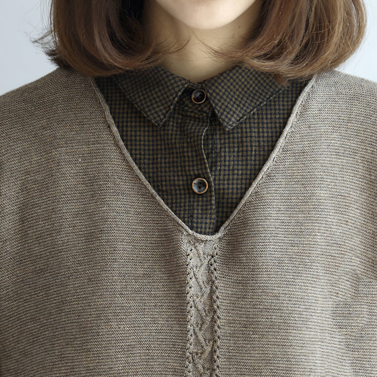 New Khaki Grid Knit Tops Fine Long Sleeve Pullover False Two Pieces