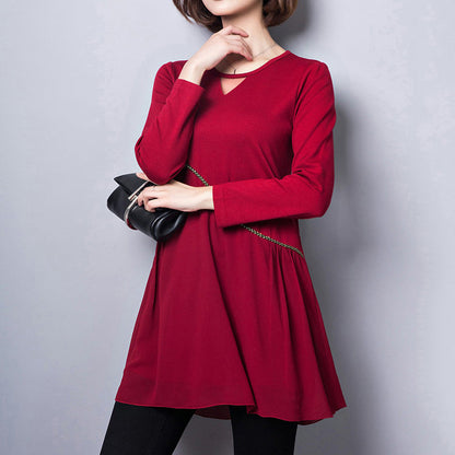 New Red Cotton Blended Dresses Loose Fit V Neck Patchwork Chiffon Dress