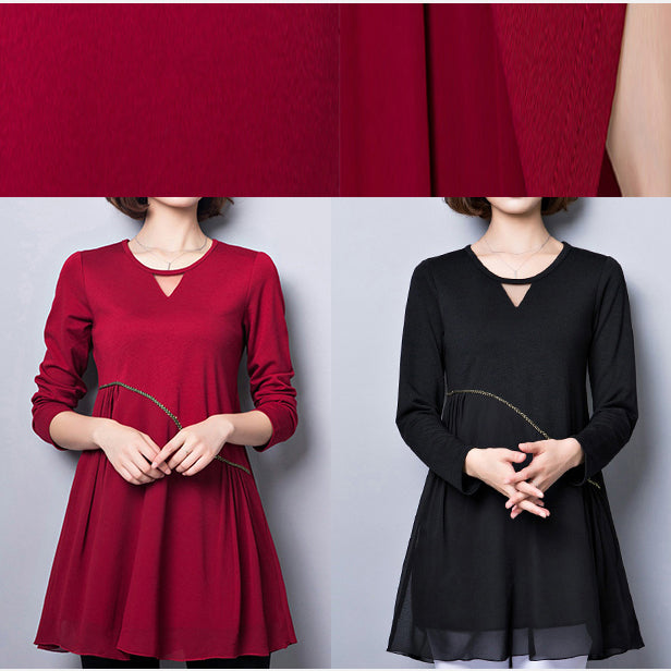 New Red Cotton Blended Dresses Loose Fit V Neck Patchwork Chiffon Dress