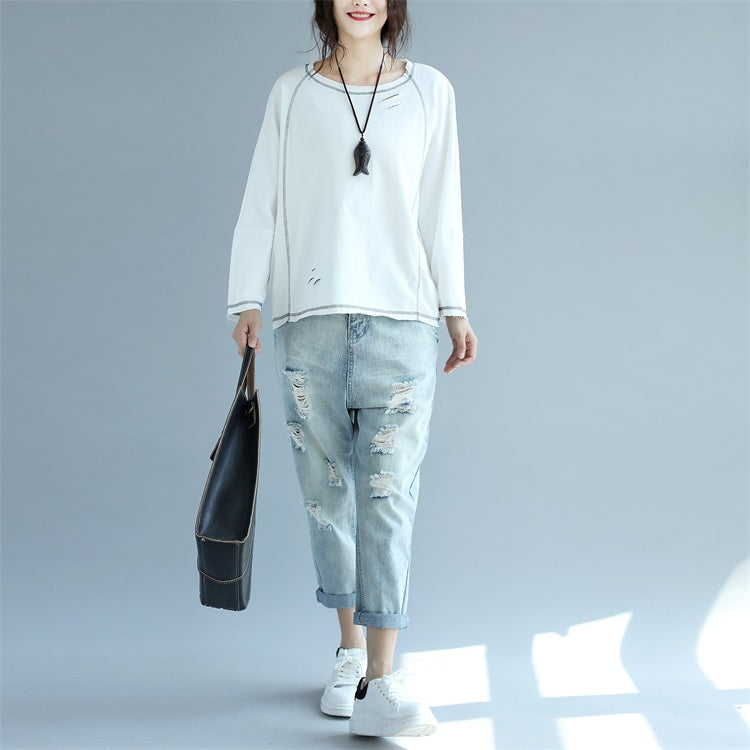 2025 new white cotton fashion tops plus size stylish pullover