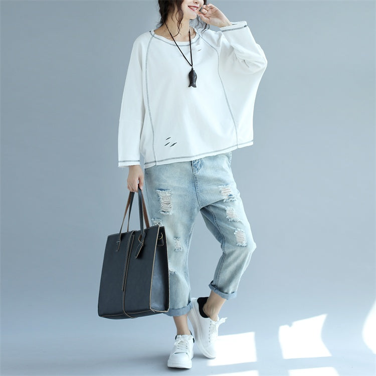 2025 new white cotton fashion tops plus size stylish pullover
