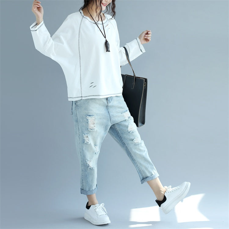 2025 new white cotton fashion tops plus size stylish pullover