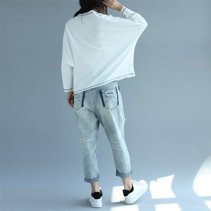 2025 new white cotton fashion tops plus size stylish pullover