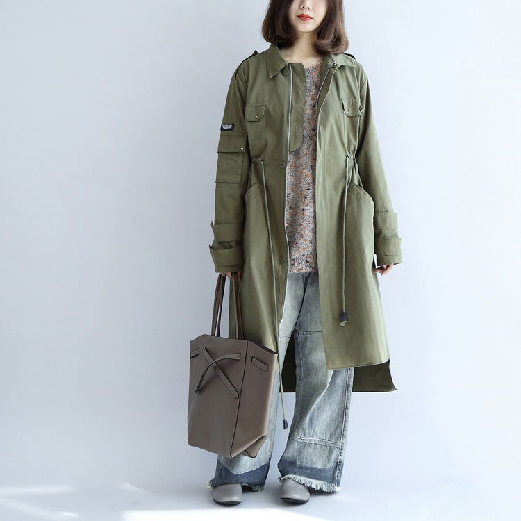 Pockets Green Cotton Parka Tie Waist Long Sleeve Trench Coats