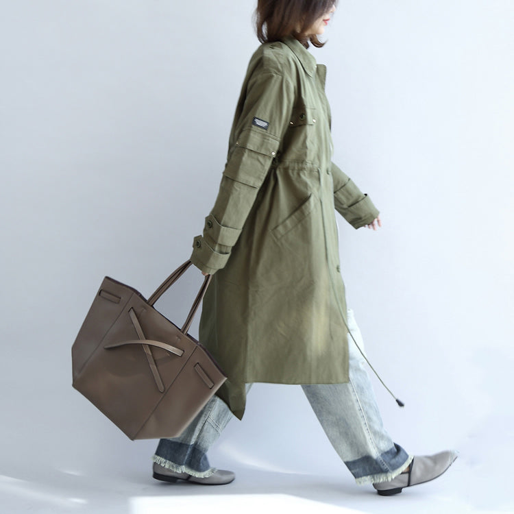 Pockets Green Cotton Parka Tie Waist Long Sleeve Trench Coats