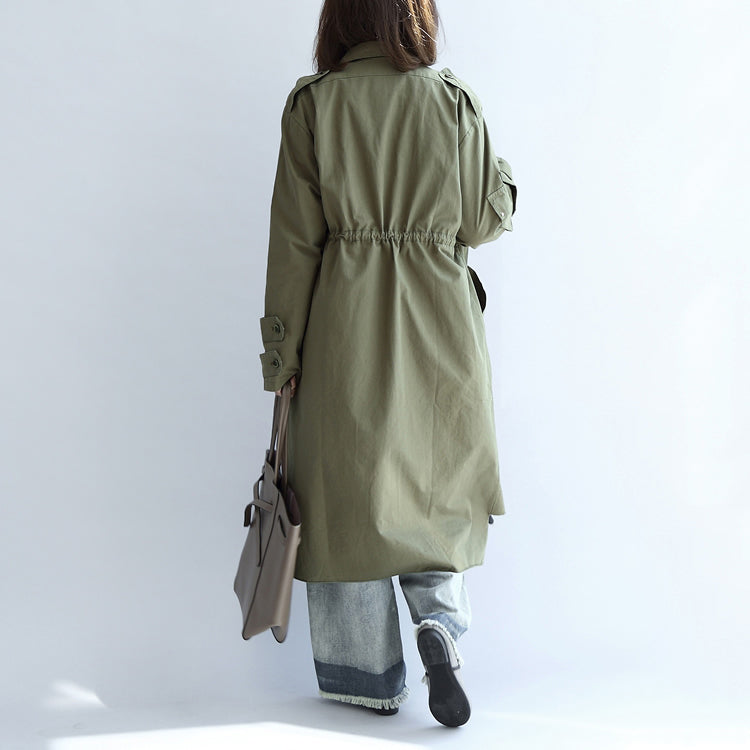 Pockets Green Cotton Parka Tie Waist Long Sleeve Trench Coats