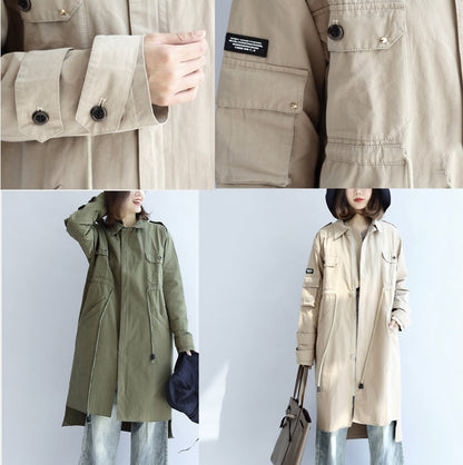 Pockets Green Cotton Parka Tie Waist Long Sleeve Trench Coats
