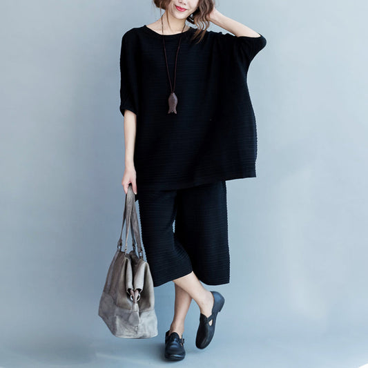Stylish Black Cotton Thin Sweaters and Wide Leg Pants Knit Two Pieces