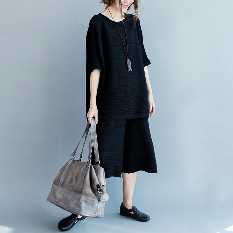 Stylish Black Cotton Thin Sweaters and Wide Leg Pants Knit Two Pieces