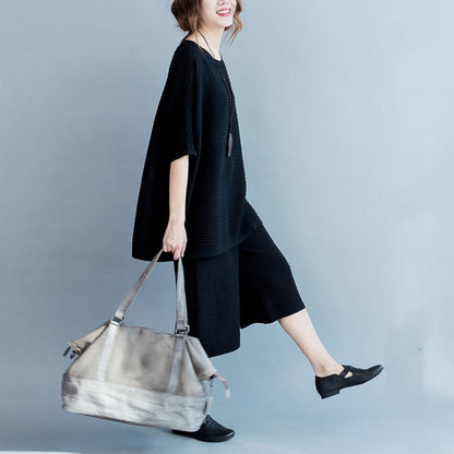 Stylish Black Cotton Thin Sweaters and Wide Leg Pants Knit Two Pieces