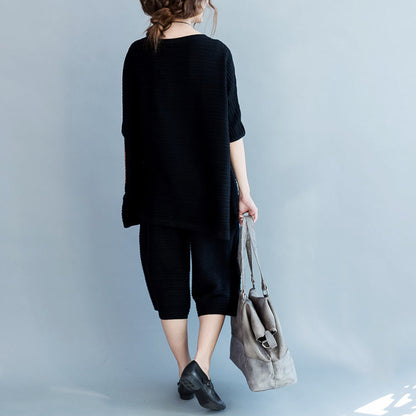 Stylish Black Cotton Thin Sweaters and Wide Leg Pants Knit Two Pieces