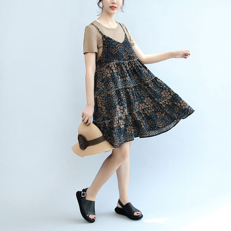 Summer Brown T Shirt and Stylish Sleeveless Linen Dresses Two Pieces