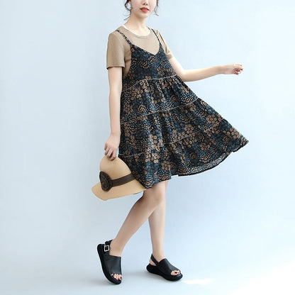 Summer Brown T Shirt and Stylish Sleeveless Linen Dresses Two Pieces