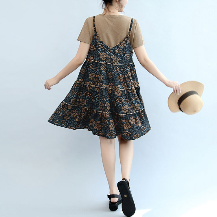 Summer Brown T Shirt and Stylish Sleeveless Linen Dresses Two Pieces