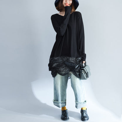 Unique Black Cotton Patchwork Knit Tops Long Sleeve Sweaters