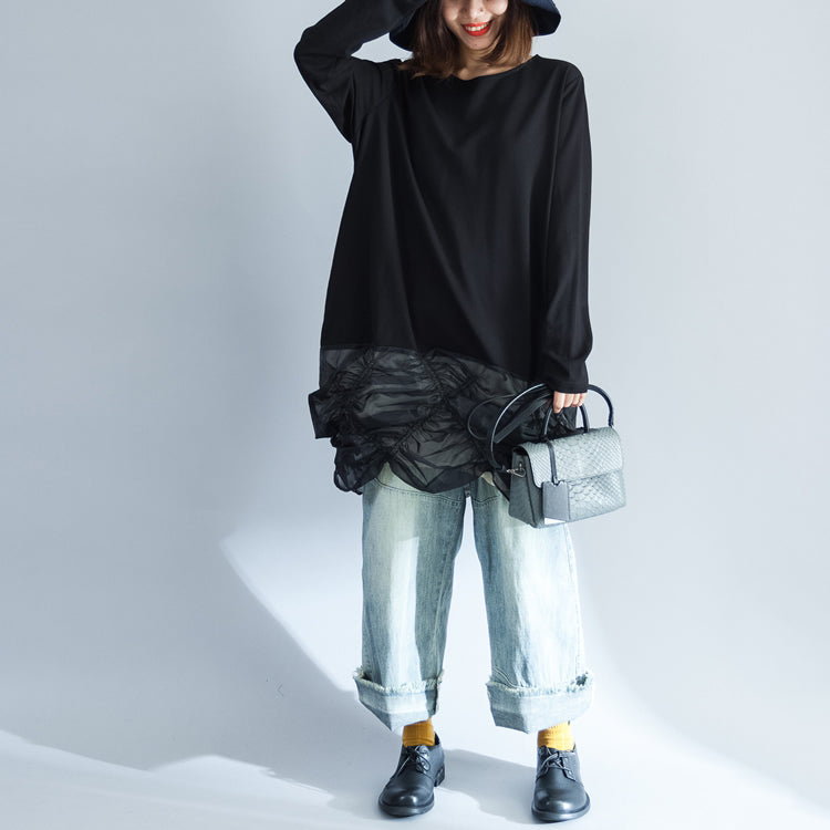 Unique Black Cotton Patchwork Knit Tops Long Sleeve Sweaters