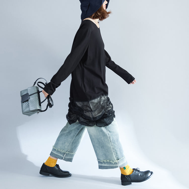 Unique Black Cotton Patchwork Knit Tops Long Sleeve Sweaters