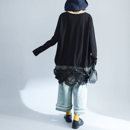 Unique Black Cotton Patchwork Knit Tops Long Sleeve Sweaters