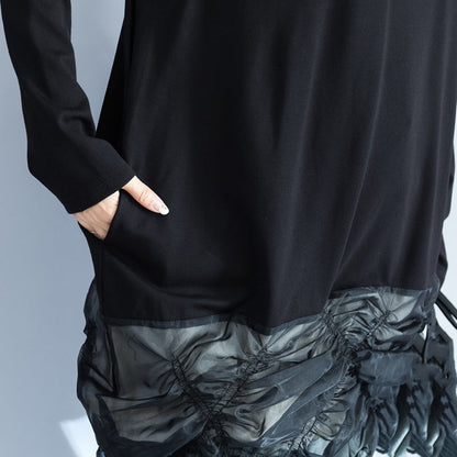 Unique Black Cotton Patchwork Knit Tops Long Sleeve Sweaters