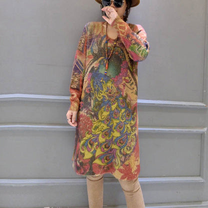 Elastic Woolen Sweater Dresses Loose Phoenix Print Cozy Knit Dress