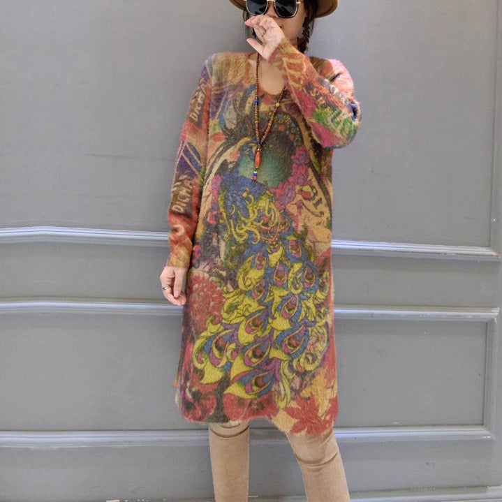 Elastic Woolen Sweater Dresses Loose Phoenix Print Cozy Knit Dress