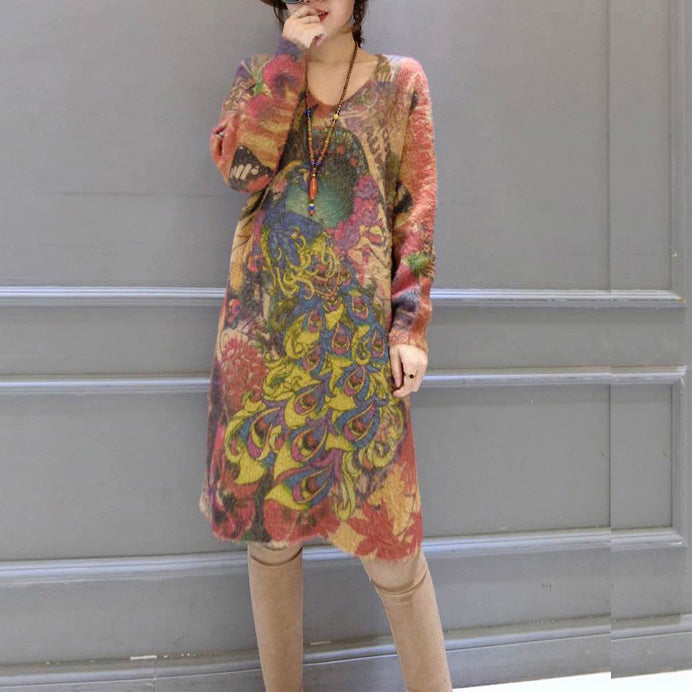 Elastic Woolen Sweater Dresses Loose Phoenix Print Cozy Knit Dress
