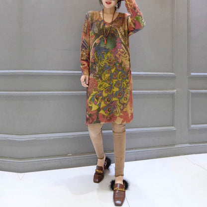 Elastic Woolen Sweater Dresses Loose Phoenix Print Cozy Knit Dress