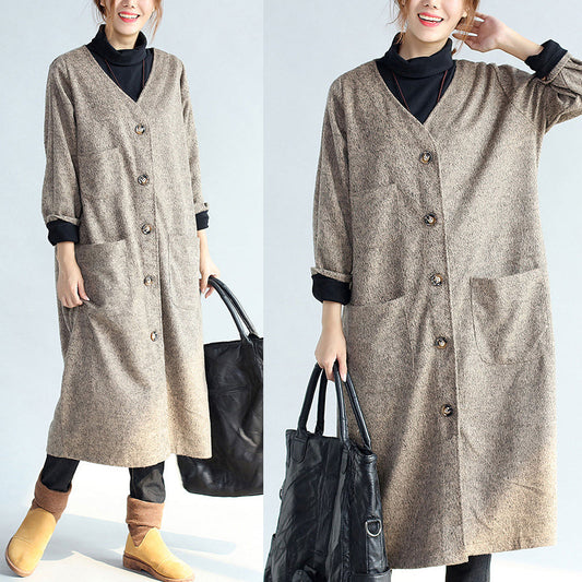 Pockets Khaki Cotton Long Cardigans Oversize Long Sleeve Trench Coats