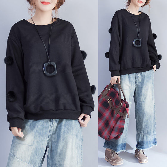 Winter Black Fuzzy Ball Decorated Woolen Sweater O Neck Knit Tops
