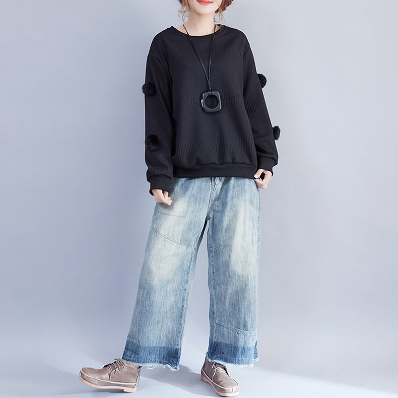 Winter Black Fuzzy Ball Decorated Woolen Sweater O Neck Knit Tops