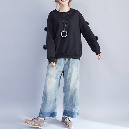 Winter Black Fuzzy Ball Decorated Woolen Sweater O Neck Knit Tops