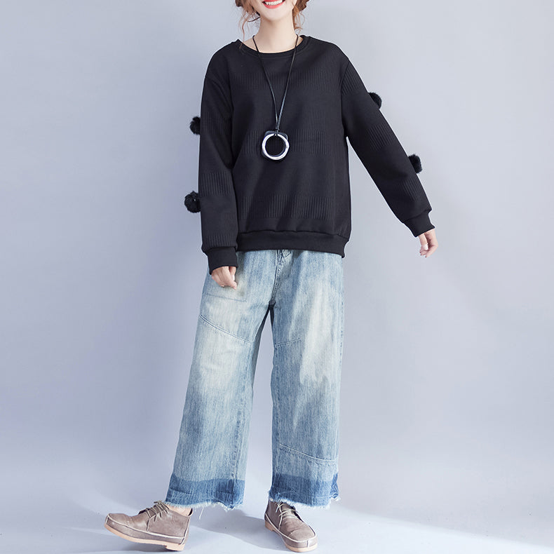 Winter Black Fuzzy Ball Decorated Woolen Sweater O Neck Knit Tops