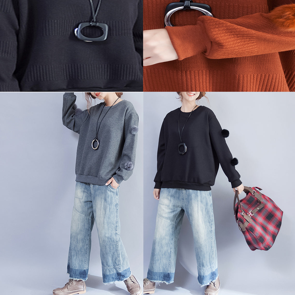 Winter Black Fuzzy Ball Decorated Woolen Sweater O Neck Knit Tops