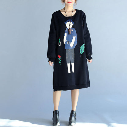 Winter Black Thick Cotton Dresses Prints Long Sleeve Side Open Shift Dress