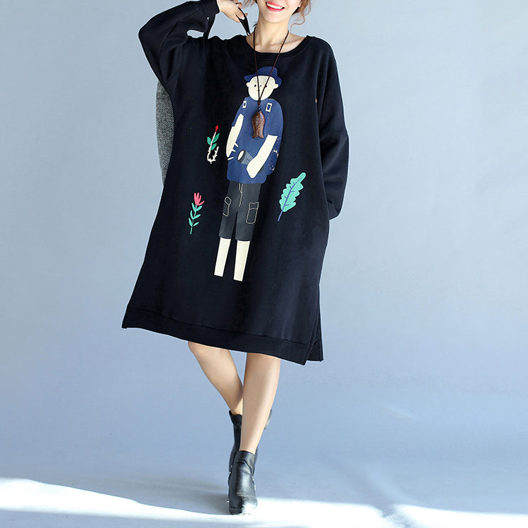 Winter Black Thick Cotton Dresses Prints Long Sleeve Side Open Shift Dress