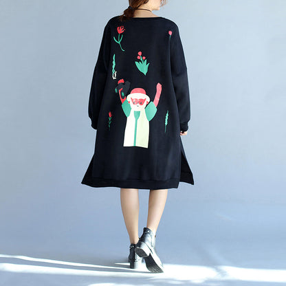 Winter Black Thick Cotton Dresses Prints Long Sleeve Side Open Shift Dress