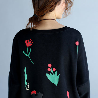 Winter Black Thick Cotton Dresses Prints Long Sleeve Side Open Shift Dress