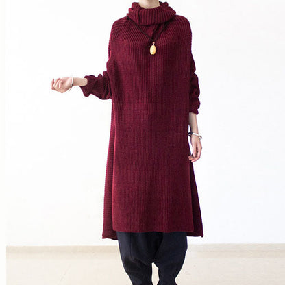 Winter Burgundy Cotton Knit Sweater Dresses Turtle Neck Warm Winter Dress