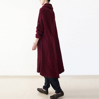 Winter Burgundy Cotton Knit Sweater Dresses Turtle Neck Warm Winter Dress