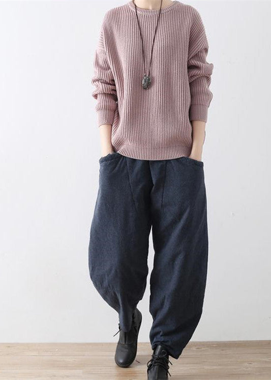 Winter Dark Blue Cotton Pants Warm Thick Oversized Linen Pants Cozy Style