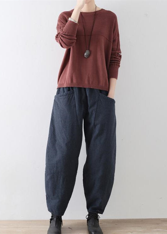 Winter Dark Blue Cotton Pants Warm Thick Oversized Linen Pants Cozy Style
