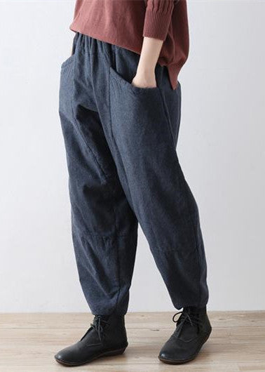 Winter Dark Blue Cotton Pants Warm Thick Oversized Linen Pants Cozy Style