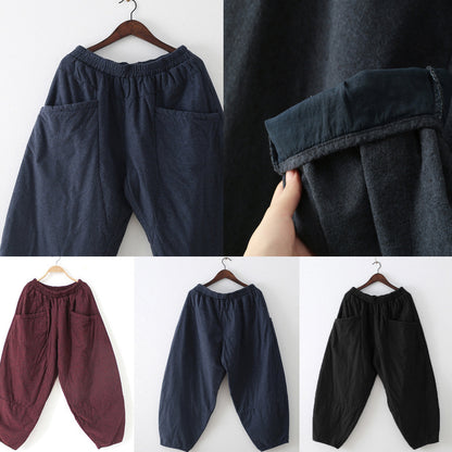 Winter Dark Blue Cotton Pants Warm Thick Oversized Linen Pants Cozy Style
