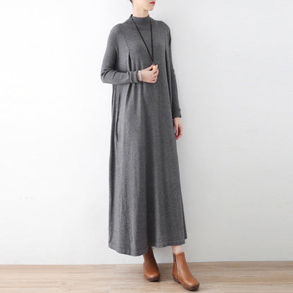 Winter Gray Knit Maxi Dresses Warm Woolen Dresses Caftans Gown