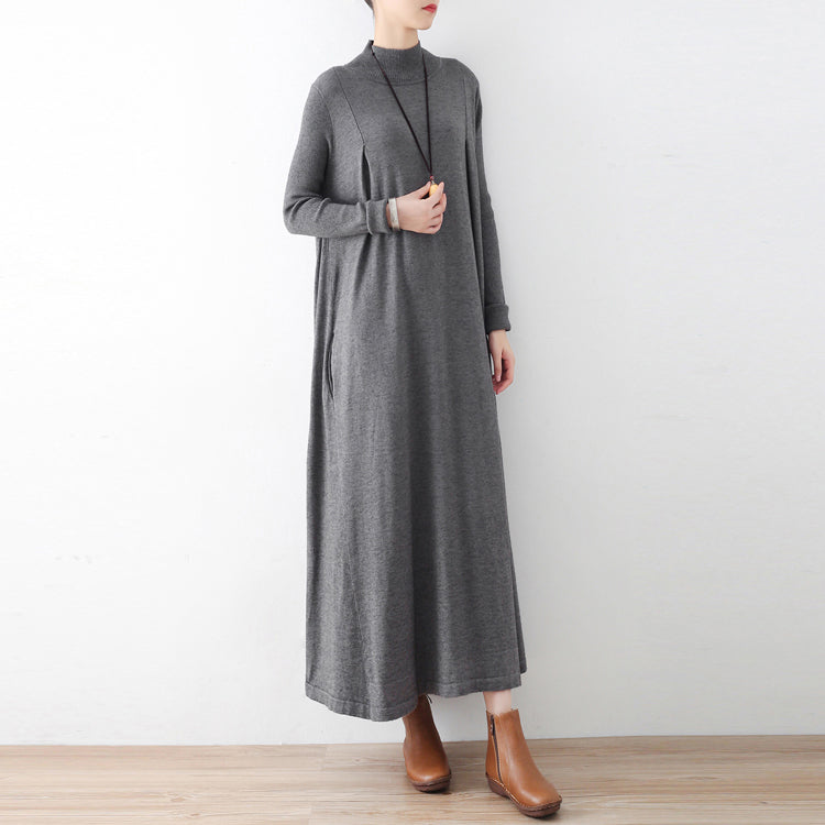 Winter Gray Knit Maxi Dresses Warm Woolen Dresses Caftans Gown